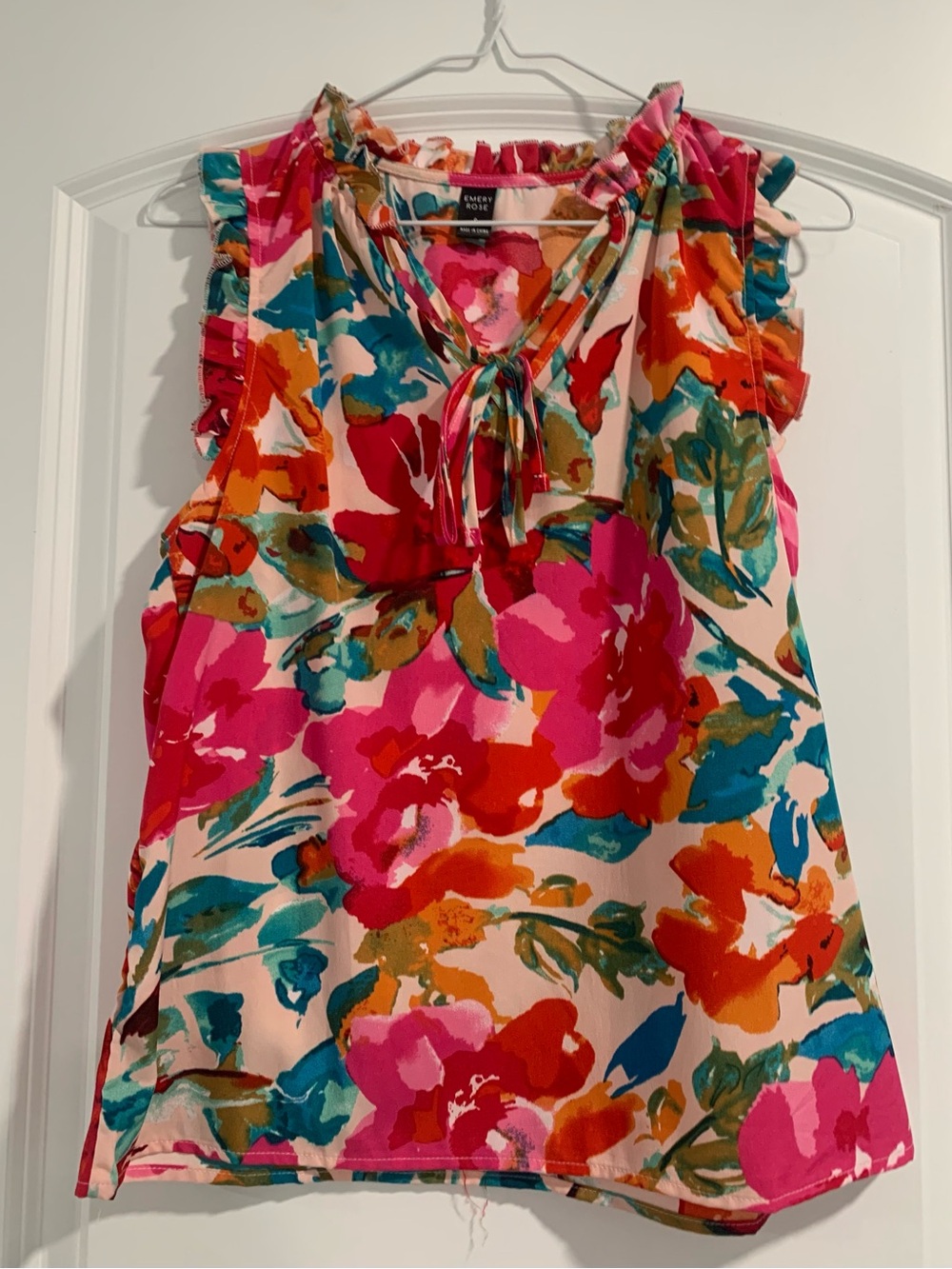 Colorful Floral Tie-Neck Ruffle Sleeve Blouse - Pink Multi